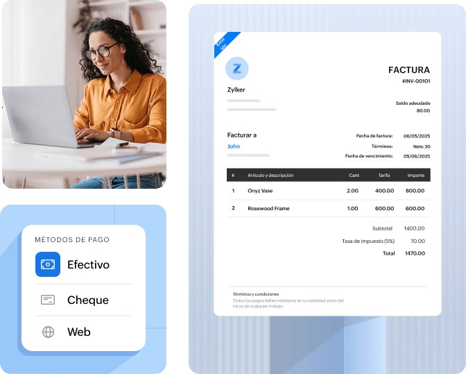 Panel de gestión de facturas de Zoho Books que muestra la creación de facturas y el seguimiento de pagos