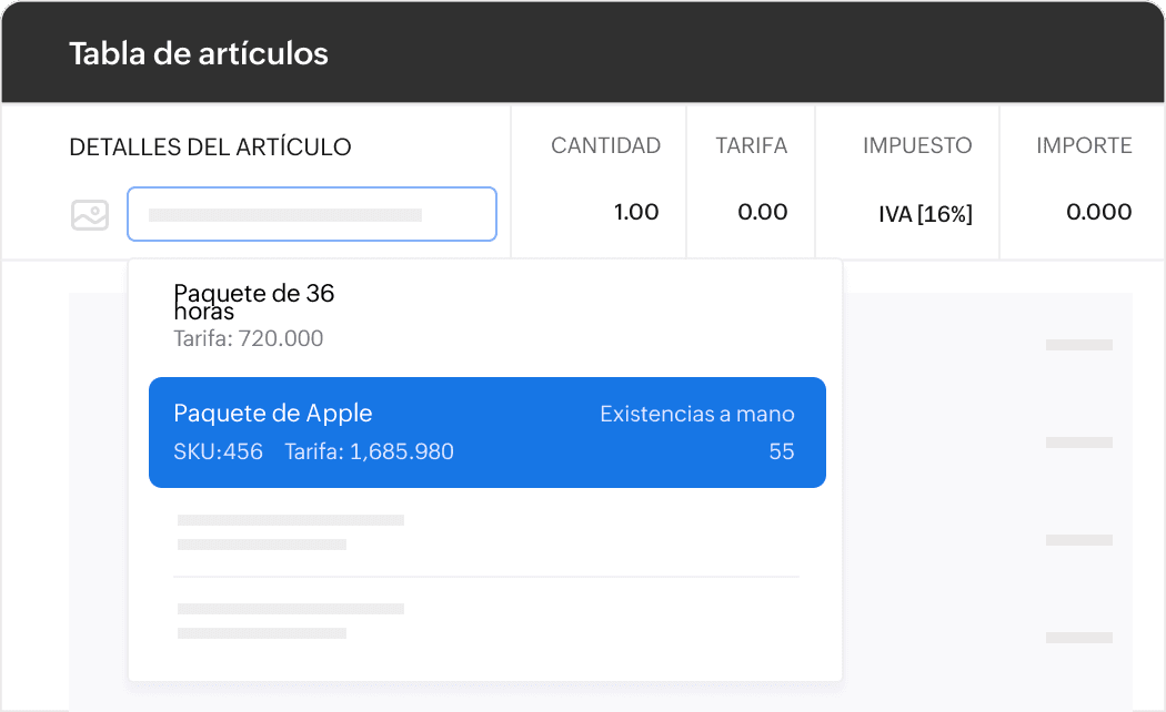 Formulario de factura de Zoho Books con artículos preconfigurados y cálculo automático de impuestos