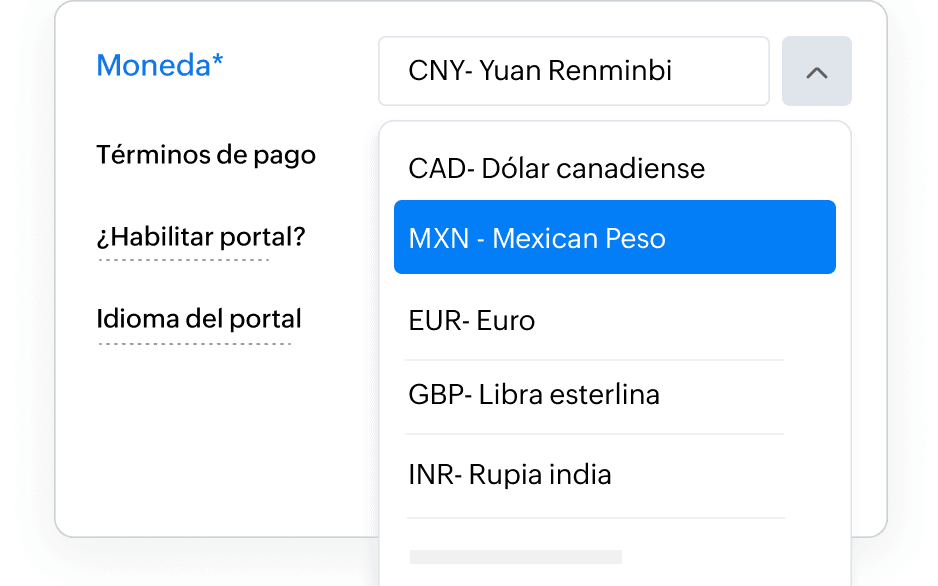 Pantalla de factura de Zoho Books que muestra opciones de facturación en varias monedas