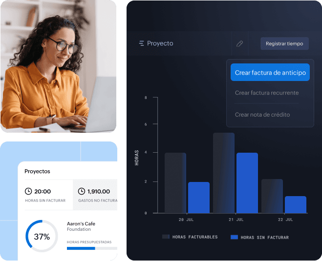 Panel de proyecto con tiempo, gastos y facturación en Zoho Books