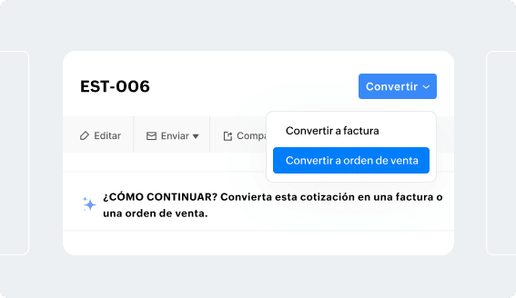 Pantalla de detalles de cotización en Zoho Books con opciones para convertirla en factura u orden de venta