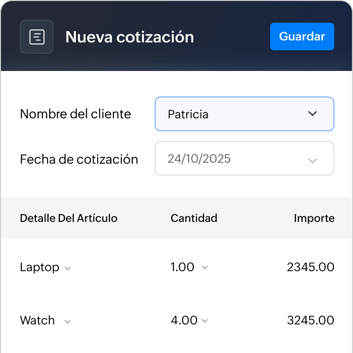Borrador de cotización en Zoho Books con precios detallados, impuestos, términos y notas