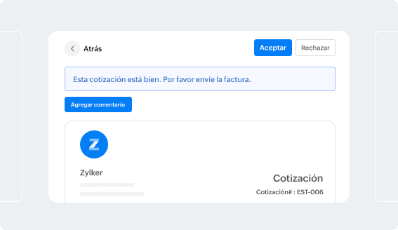 Pantalla de aprobación del portal de clientes para aceptar o rechazar una cotización en Zoho Books