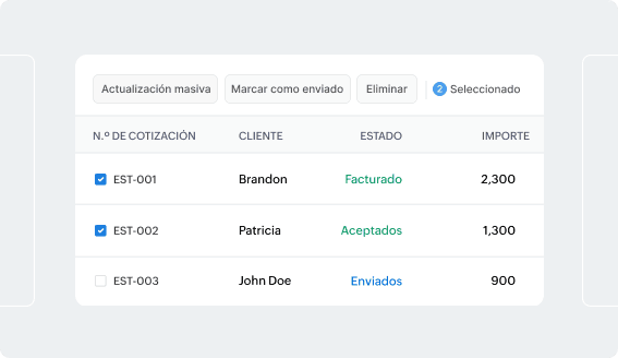 Pantalla de gestión de cotizaciones de Zoho Books con filtros y acciones masivas para varias cotizaciones