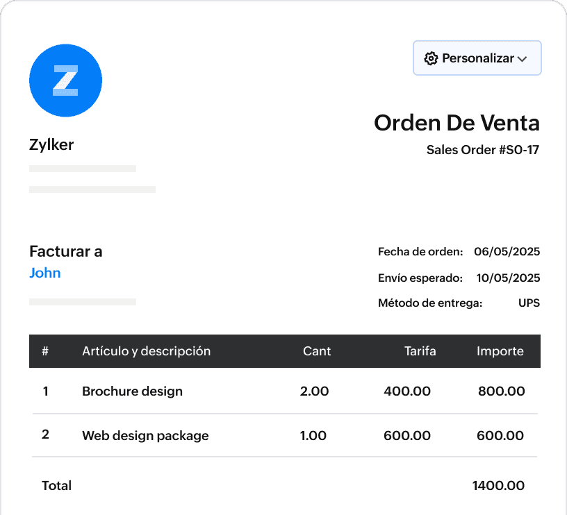 Plantilla de orden de venta personalizable en Zoho Books con detalles de marca