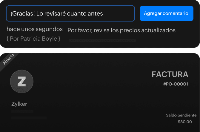 Proveedor y empresa conversando sobre una transacción mediante comentarios.