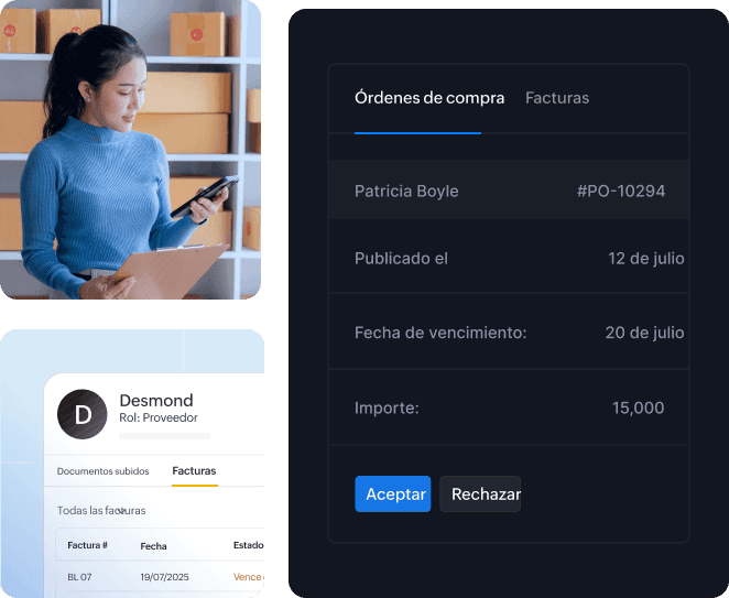 Portal para proveedores con pedidos de compra, facturas, pagos y mensajes.