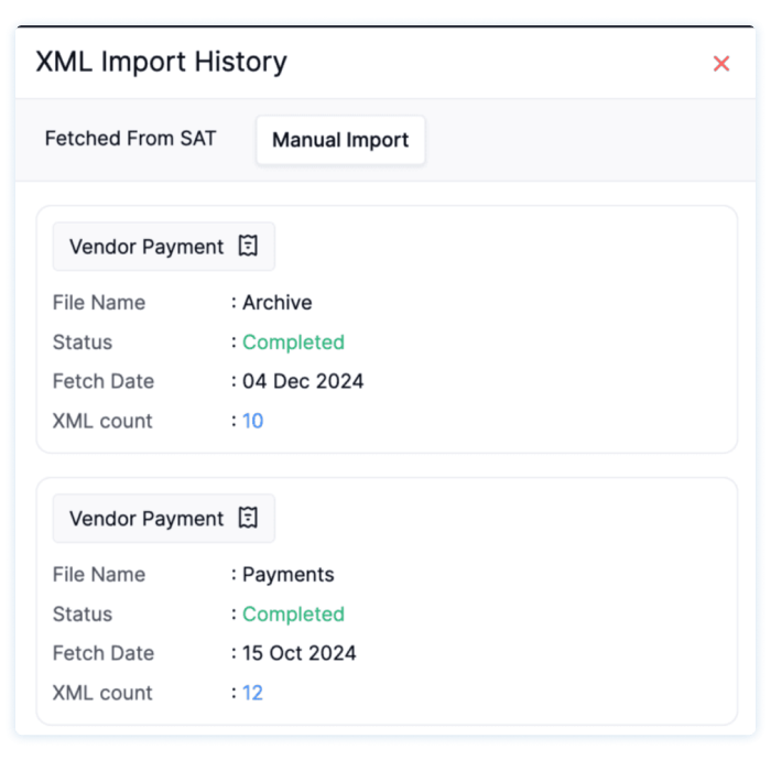 Ver historial de archivos XML importados