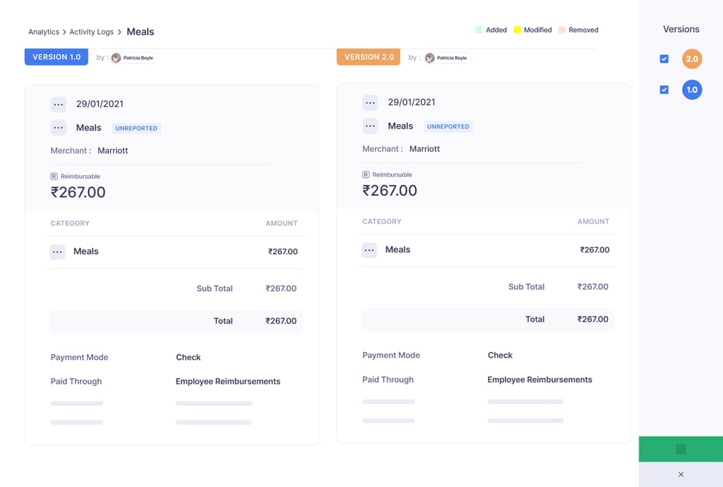 Zoho Expense audit trail report screen