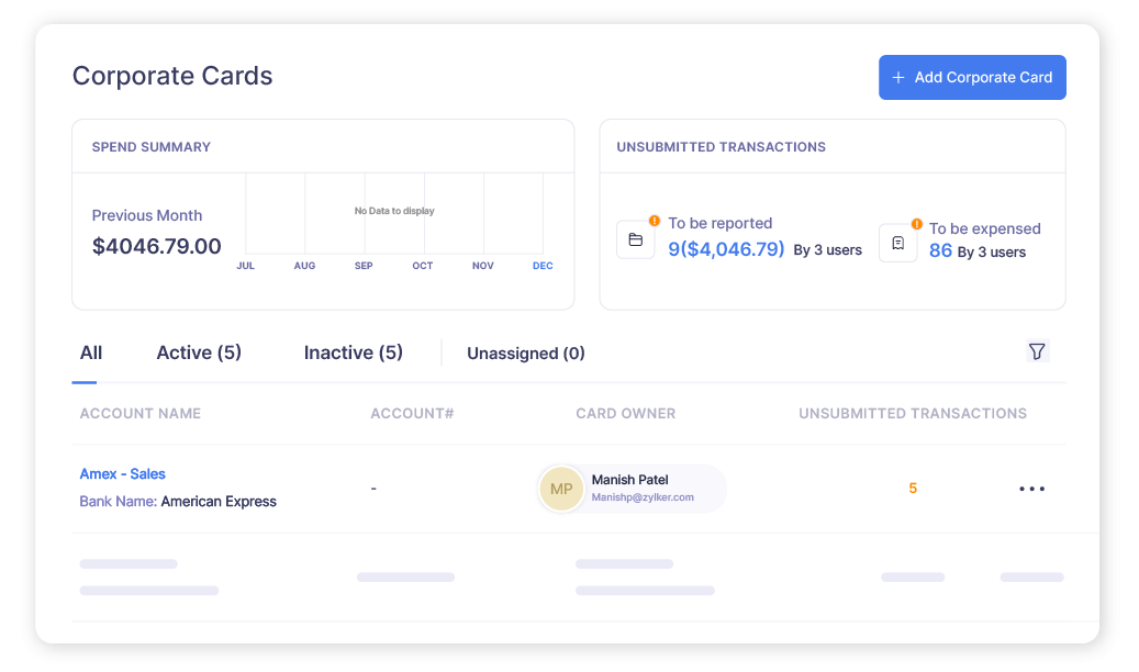 Screen of a corporate card dashboard in Zoho Expense