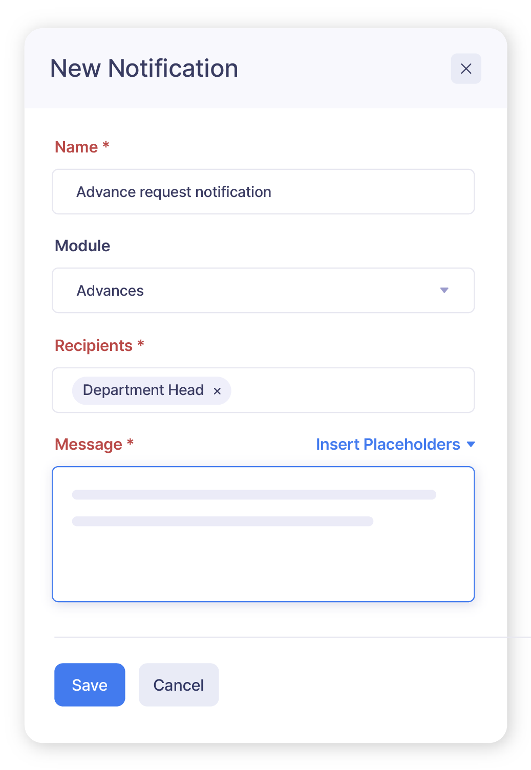  Screenshot of an in-app notification creation