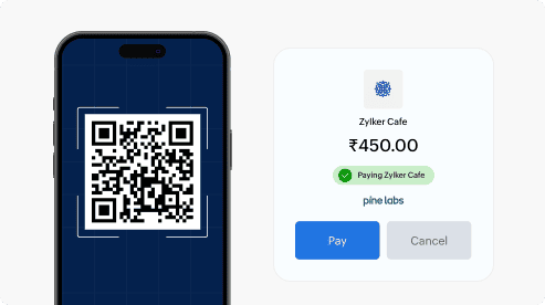 Mobile screen with QR code for UPI payment and expense recorded automatically in Zoho Expense.