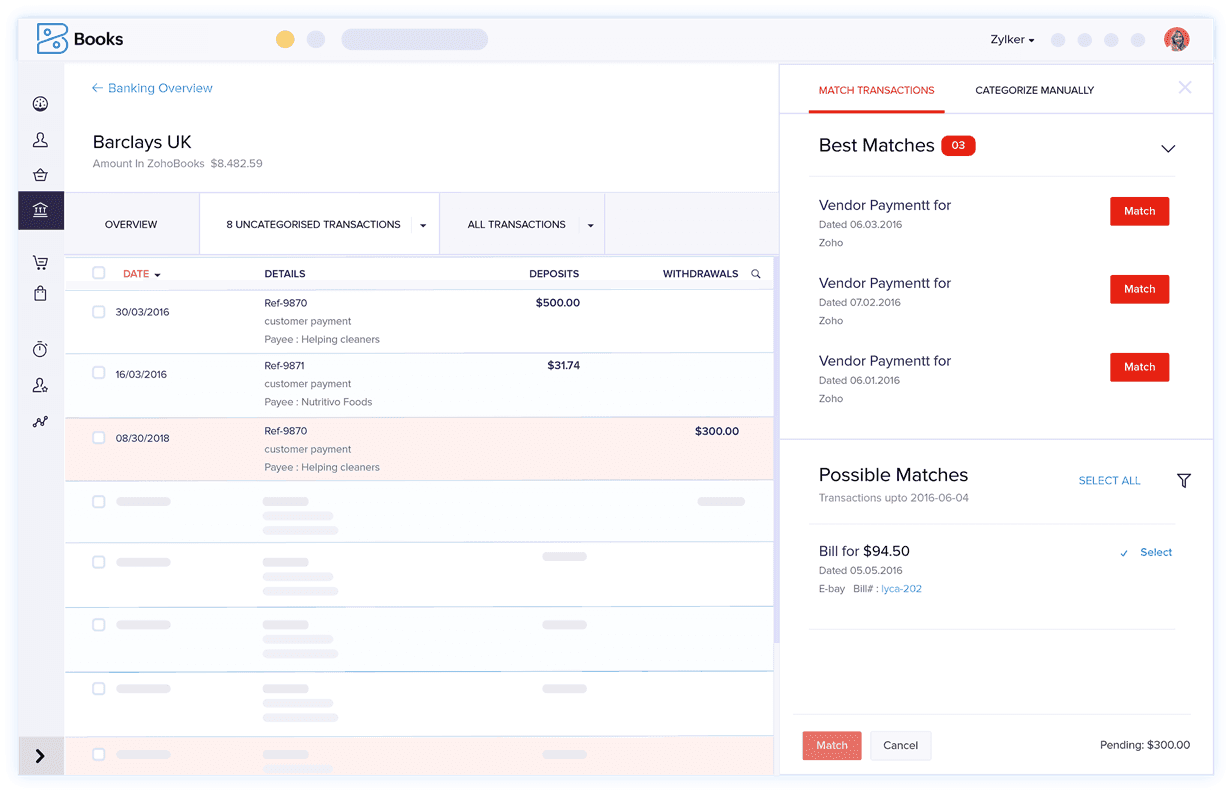 Établissez la correspondance des transactions bancaires – Logiciel de rapprochement des comptes | Zoho Books
