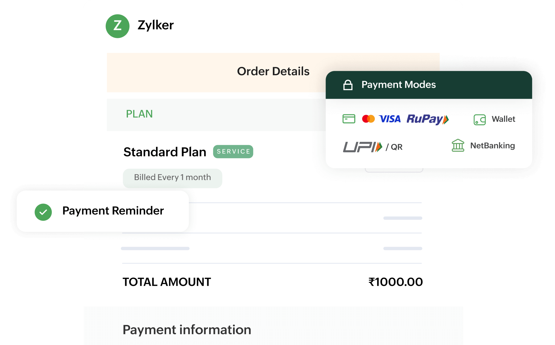 Preview of Zoho Billing's order summary and the multiple payment gateways and modes supported