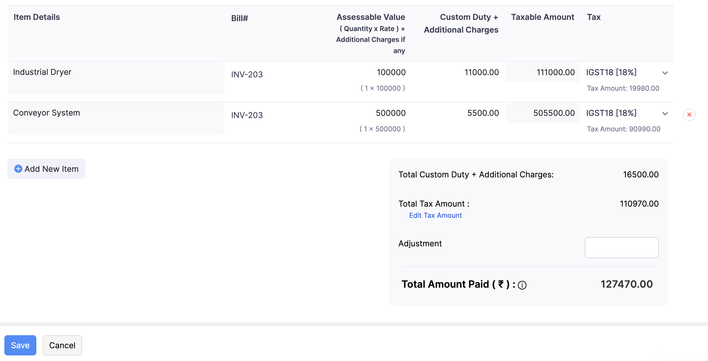 Item details in a Bill of Entry