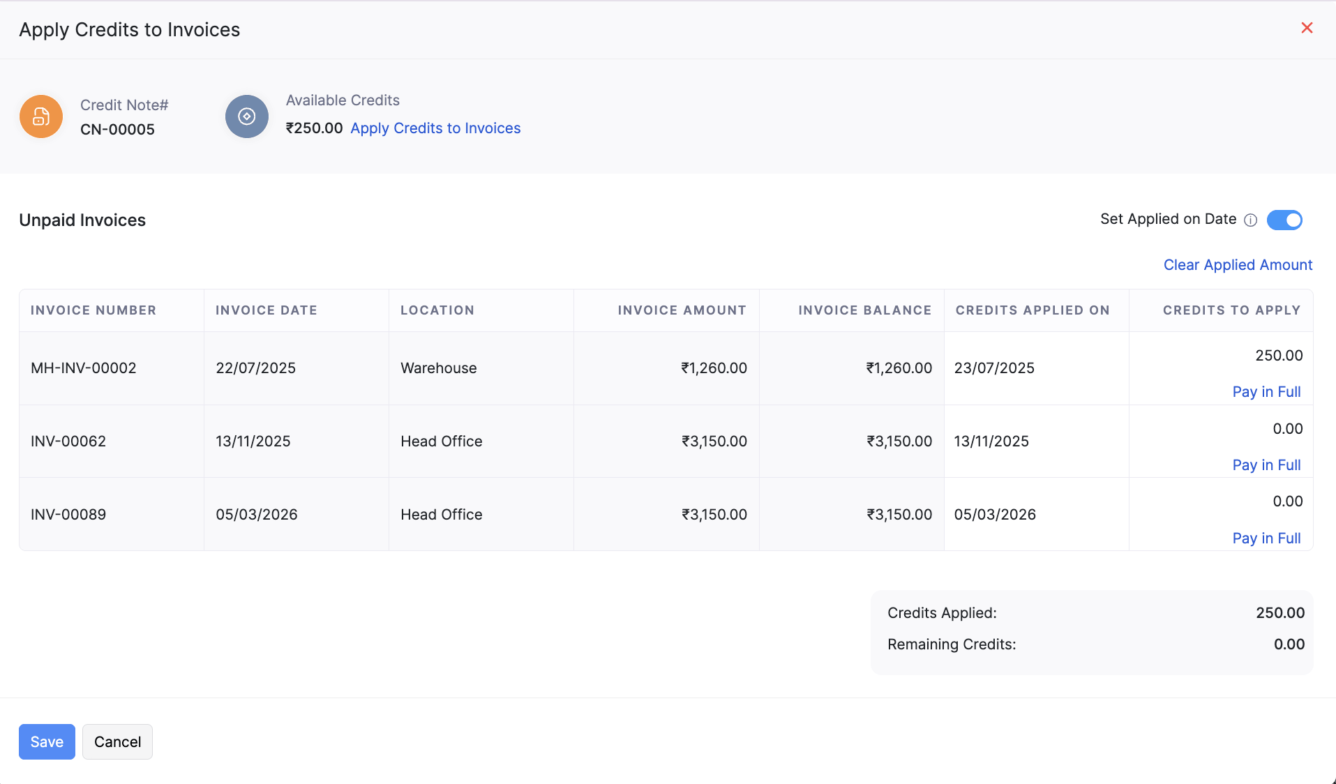 Credits to Apply field in the Apply Credits to Invoices pop-up