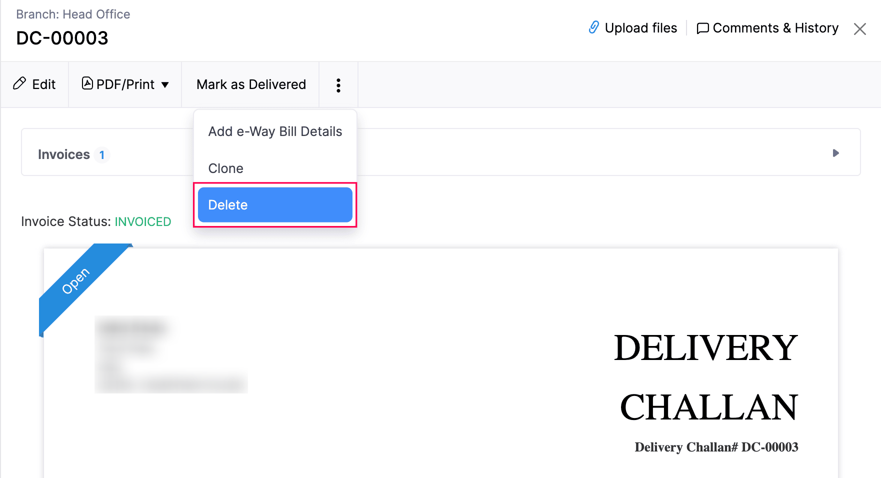 Delete Delivery Challan