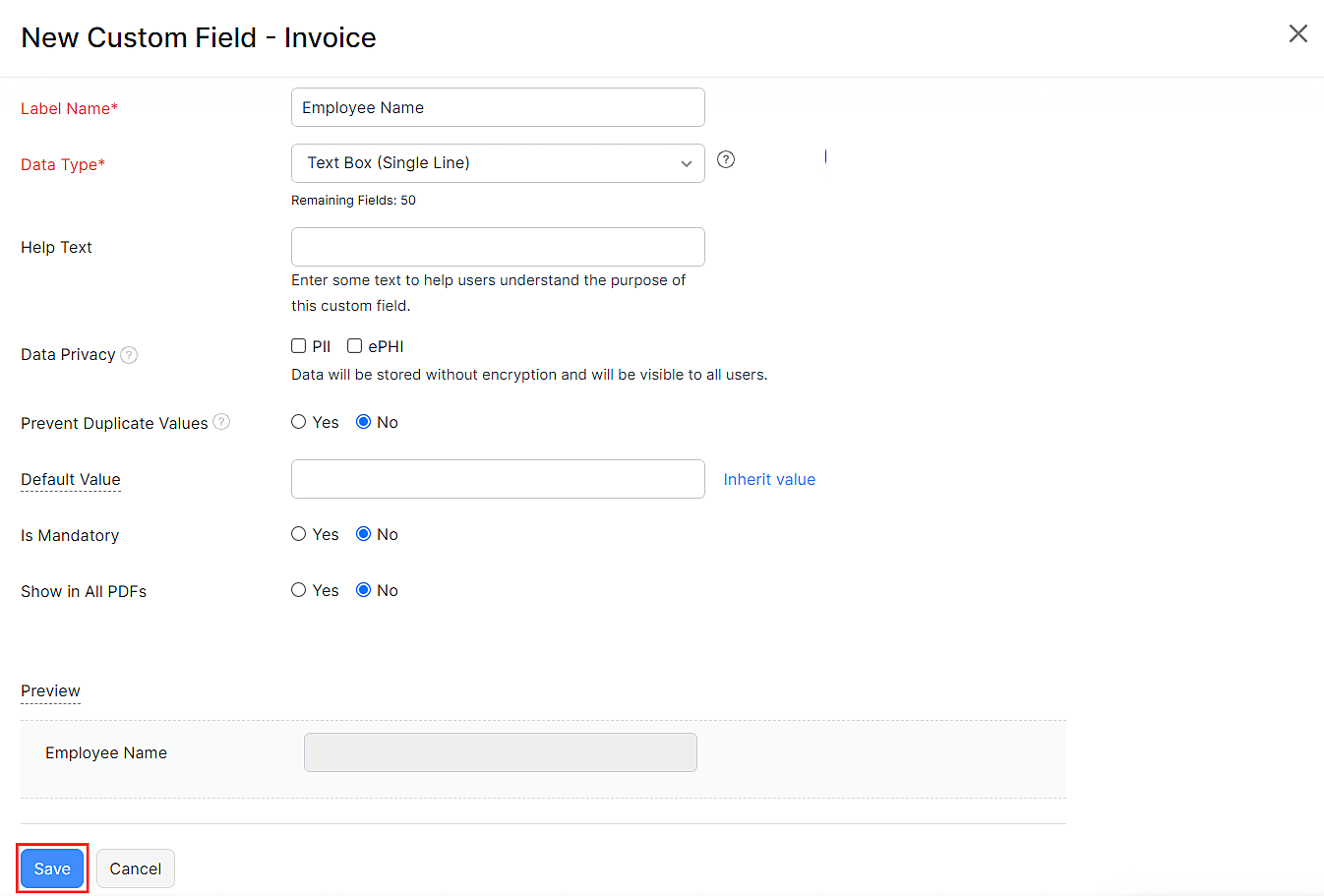 Enter the Custom Field details