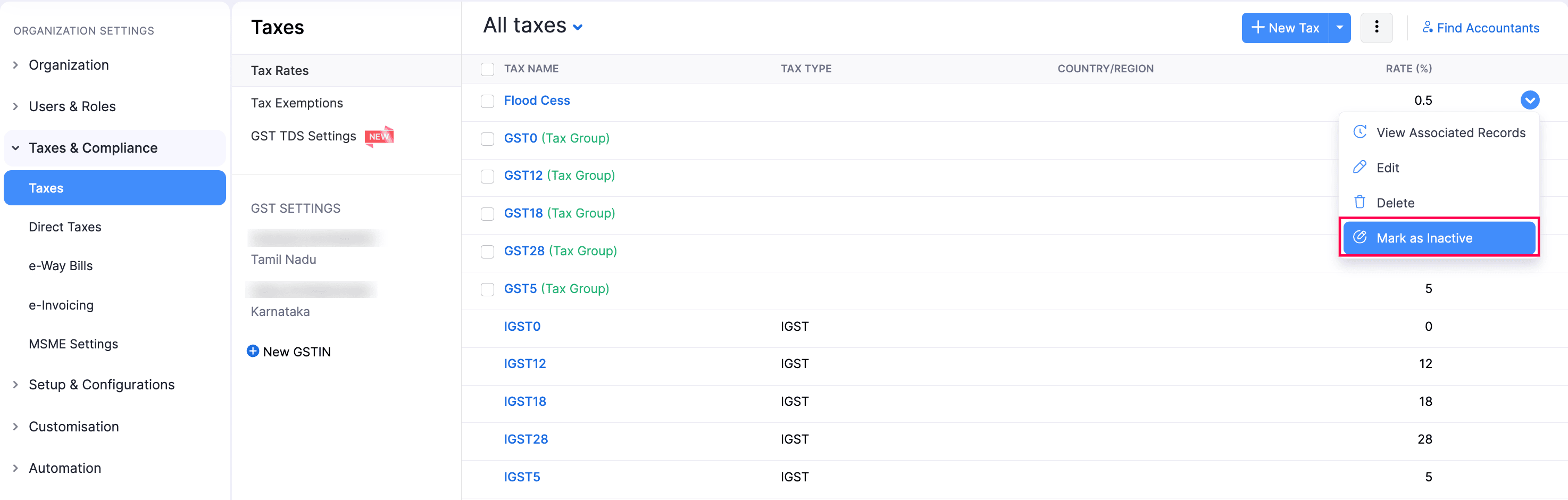 Mark a Tax Rate as Inactive