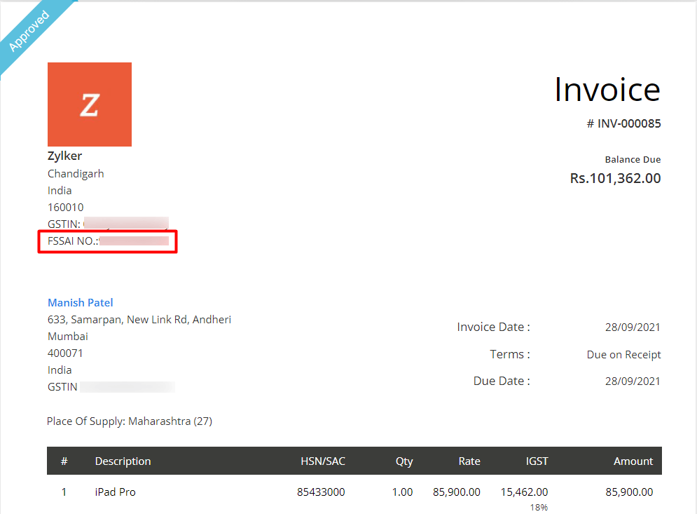 Sample invoice format