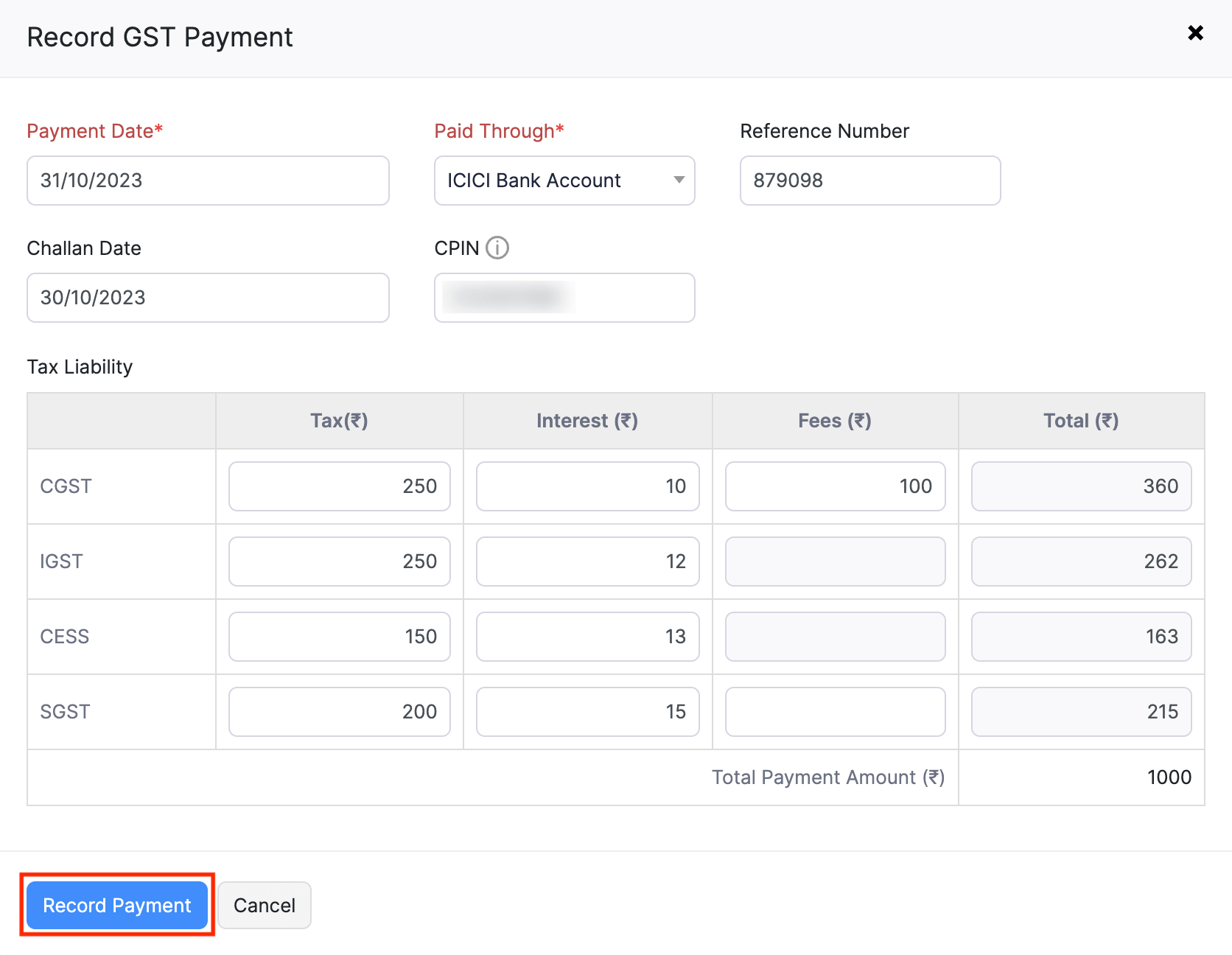 Enter the payment details to record the GST payment in Zoho Books