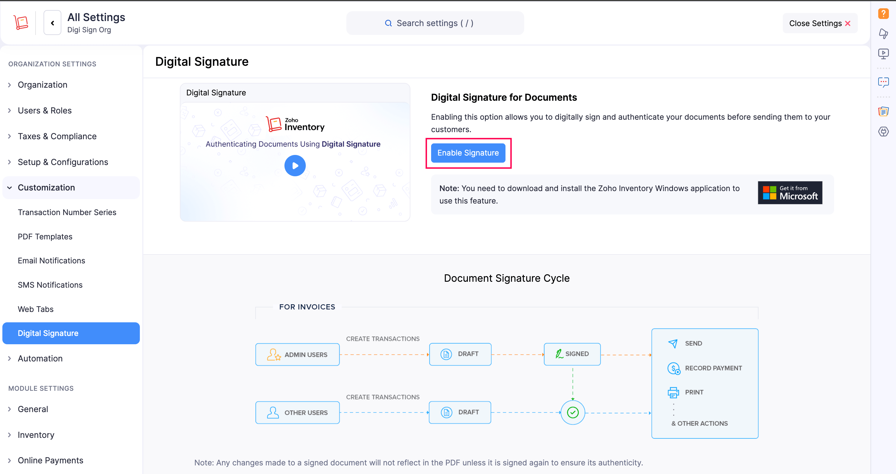 Enable Digital Signature in Zoho Inventory