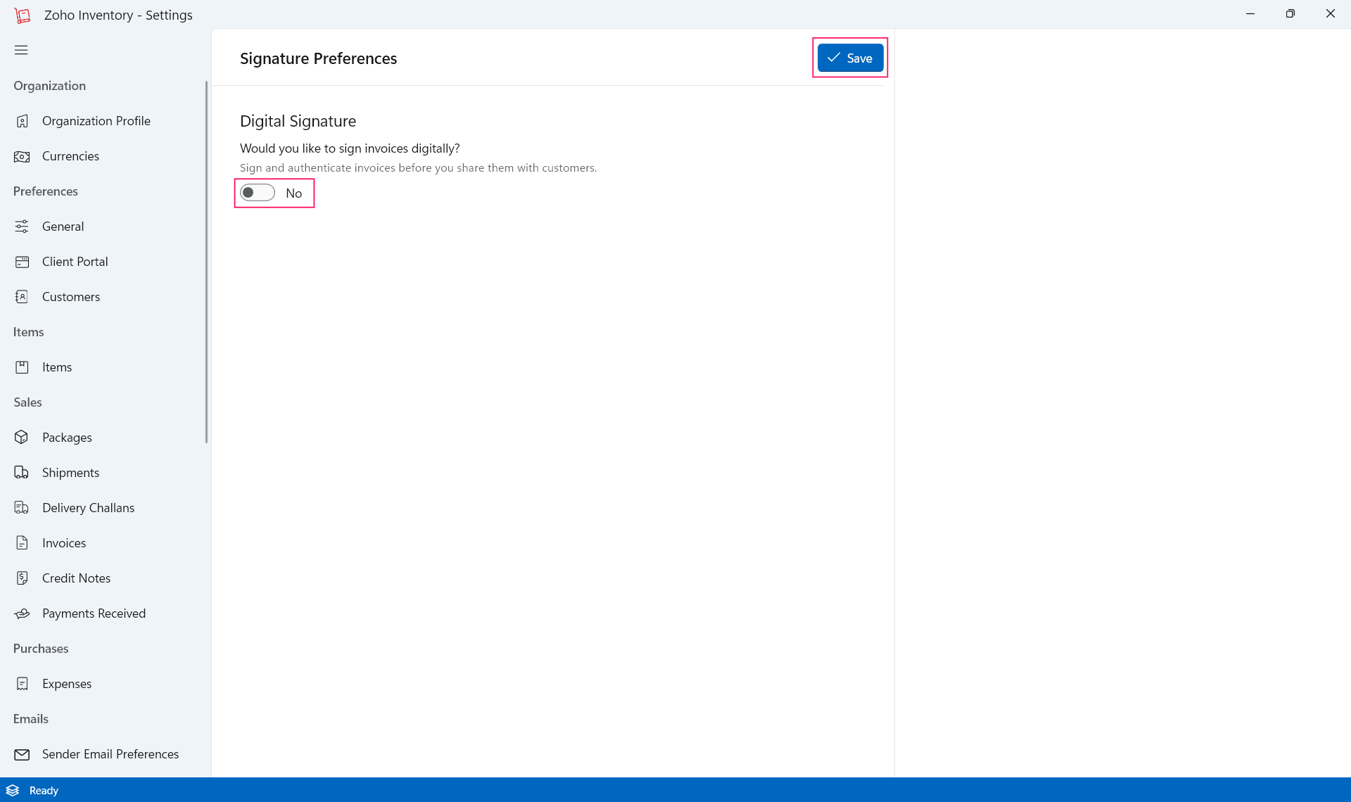 Signature Preferences in the Zoho Inventory Windows application