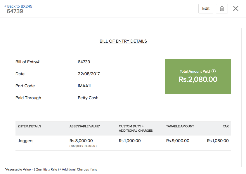 Image of Bill of Entry details page