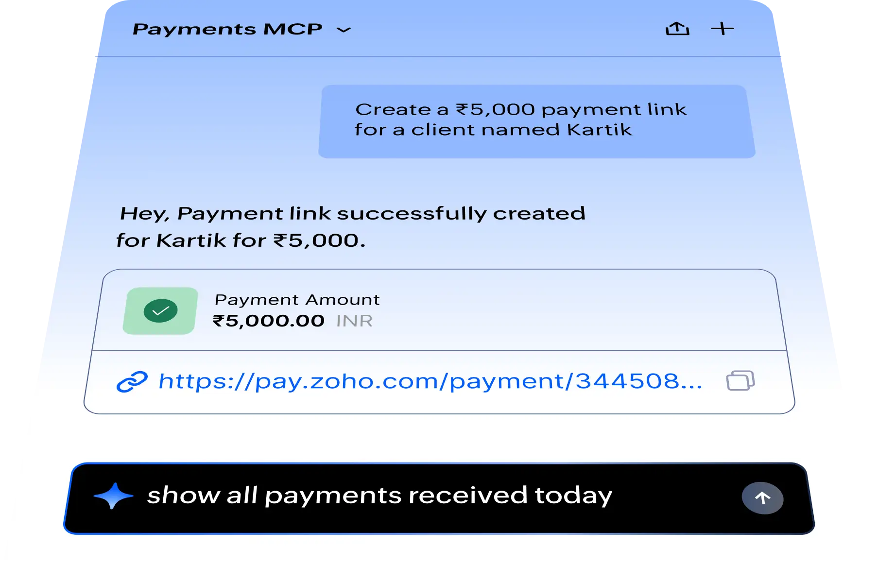 Screenshot of Payments MCP chat interface showing a payment link being created for a client