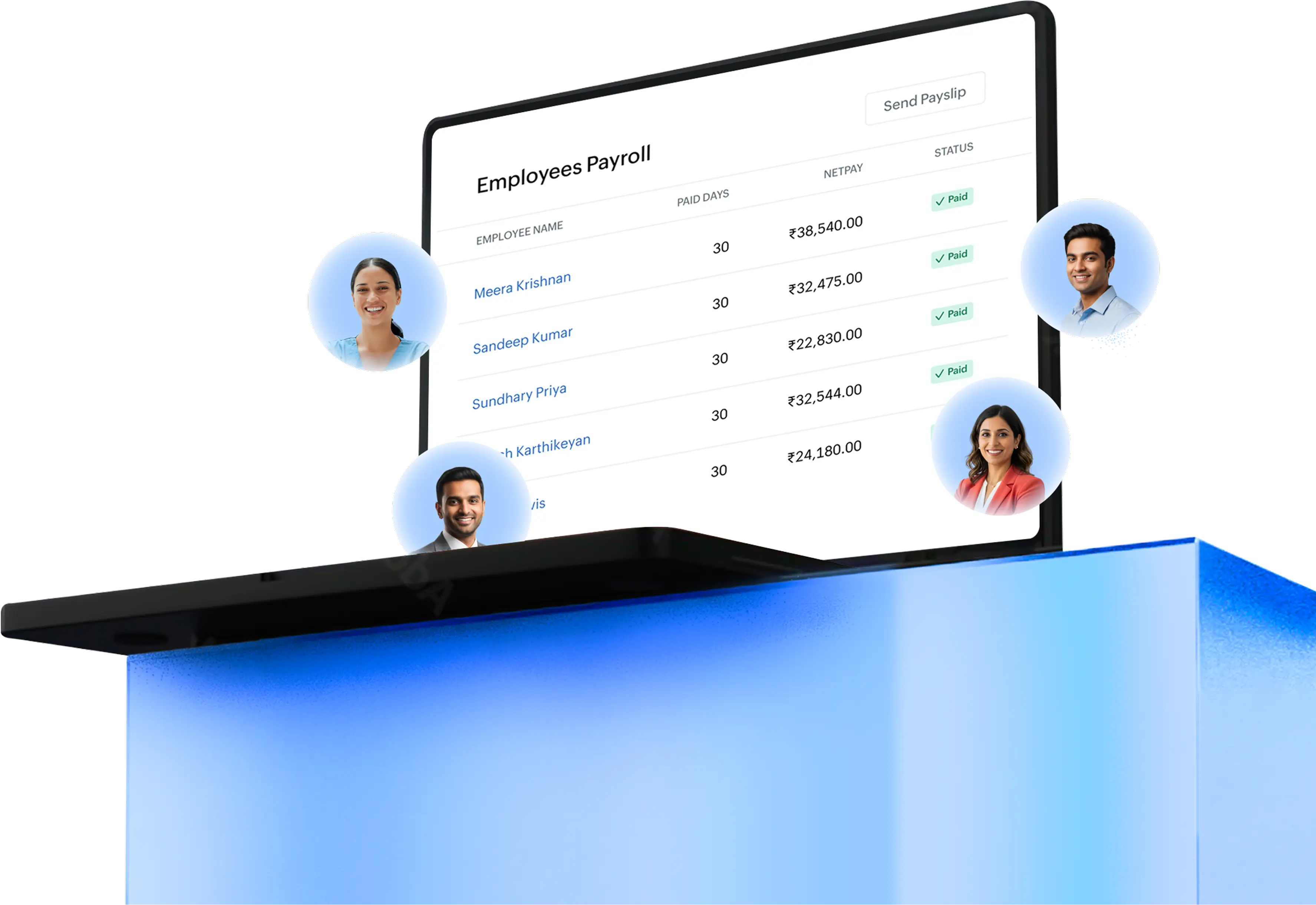 Payroll management dashboard showing employee salary disbursements