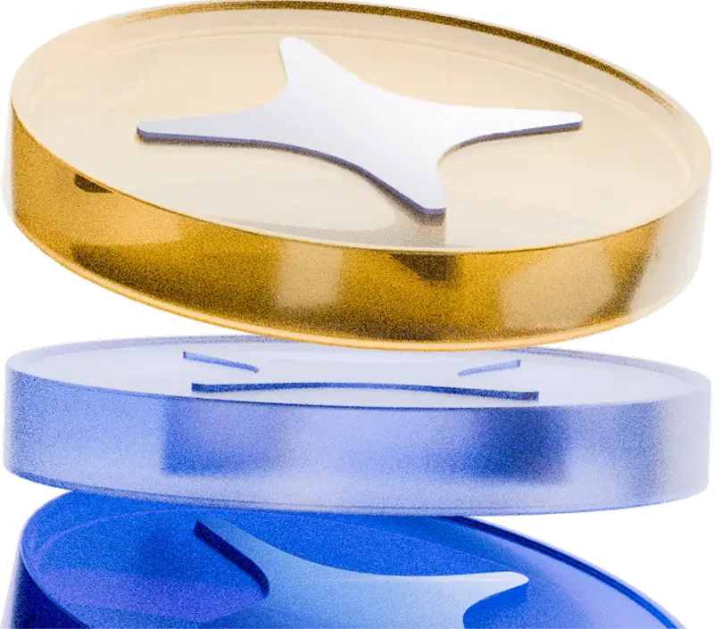 3D illustration of gold and blue stacked coins representing split payment distribution