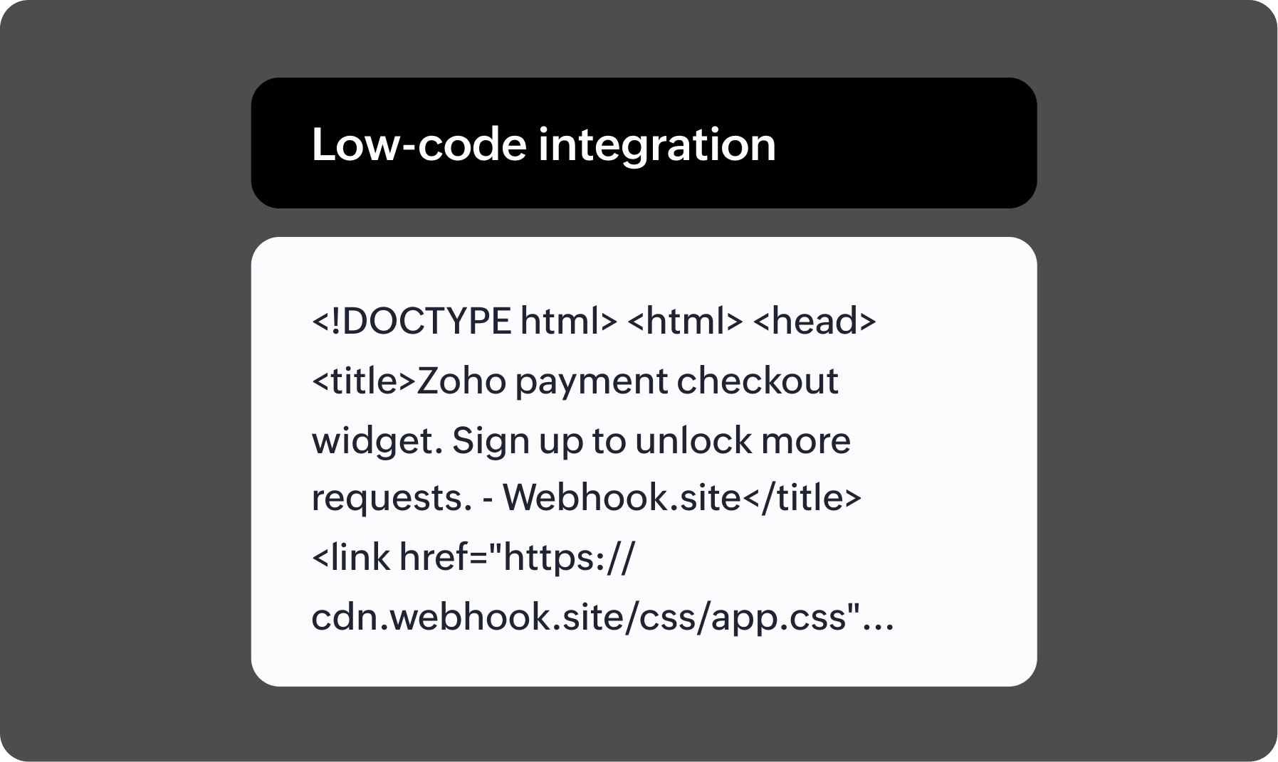 Low-code integration snippet used to embed the Zoho Payments hosted checkout