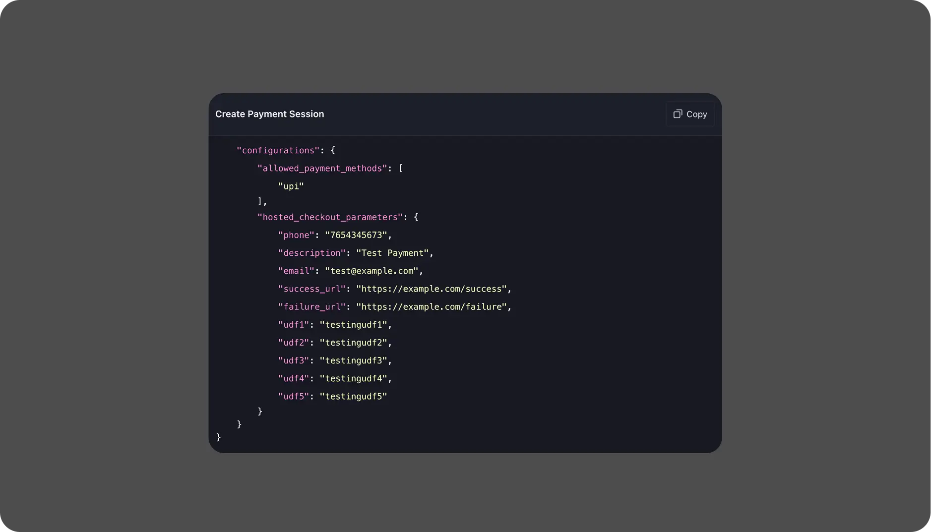 Create payment session request configuring allowed payment methods and hosted checkout parameters