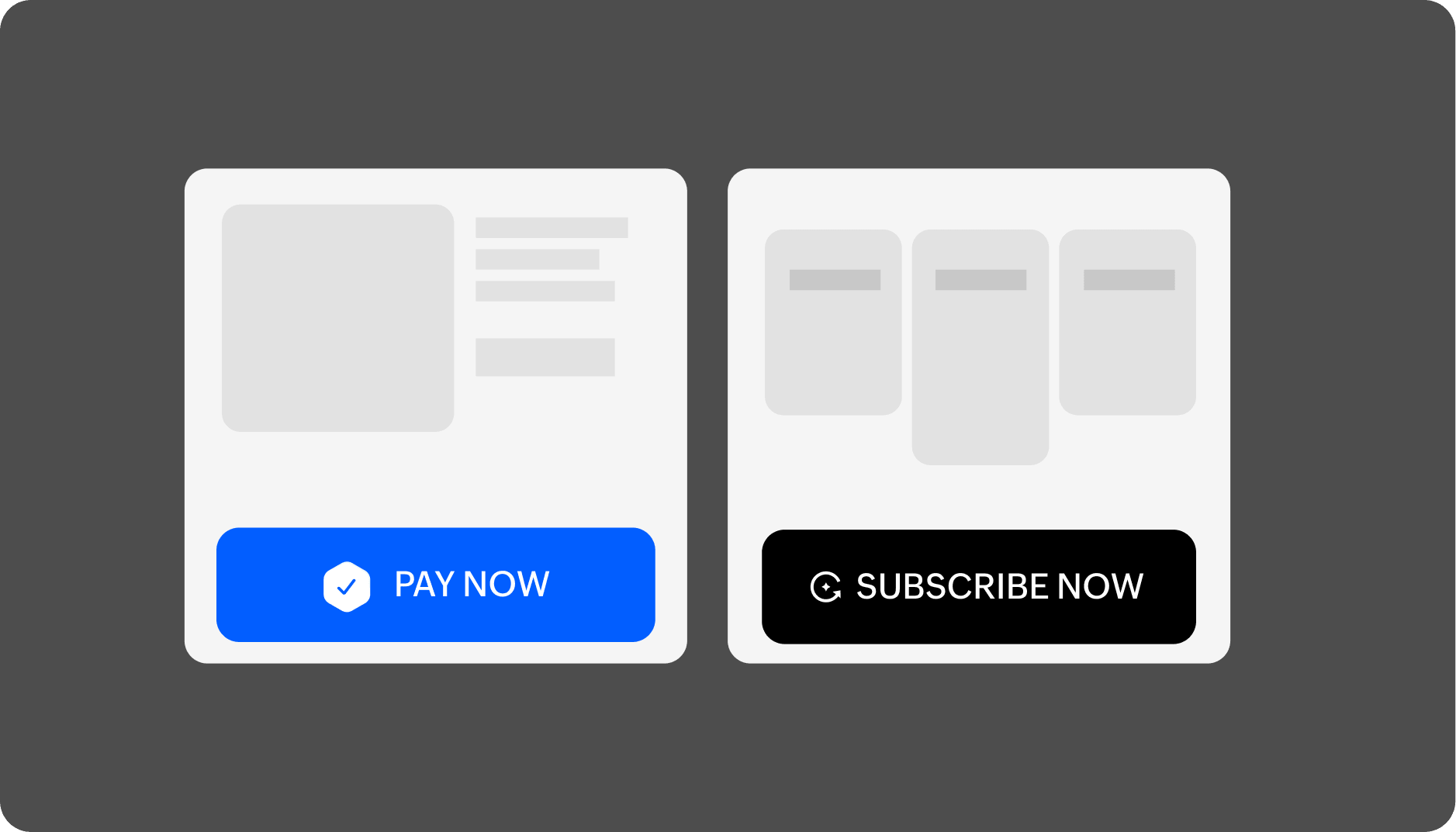 Two checkout windows, one with a Pay now button and another with a Subscribe now button