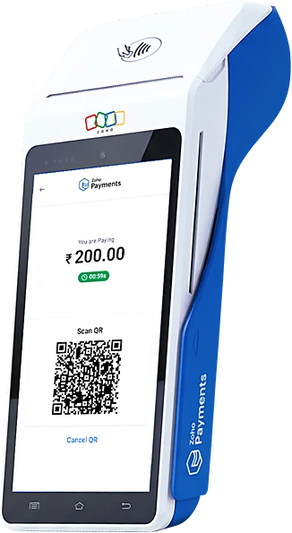 All-in-One Android POS showing a UPI QR code on screen for a ₹200 payment