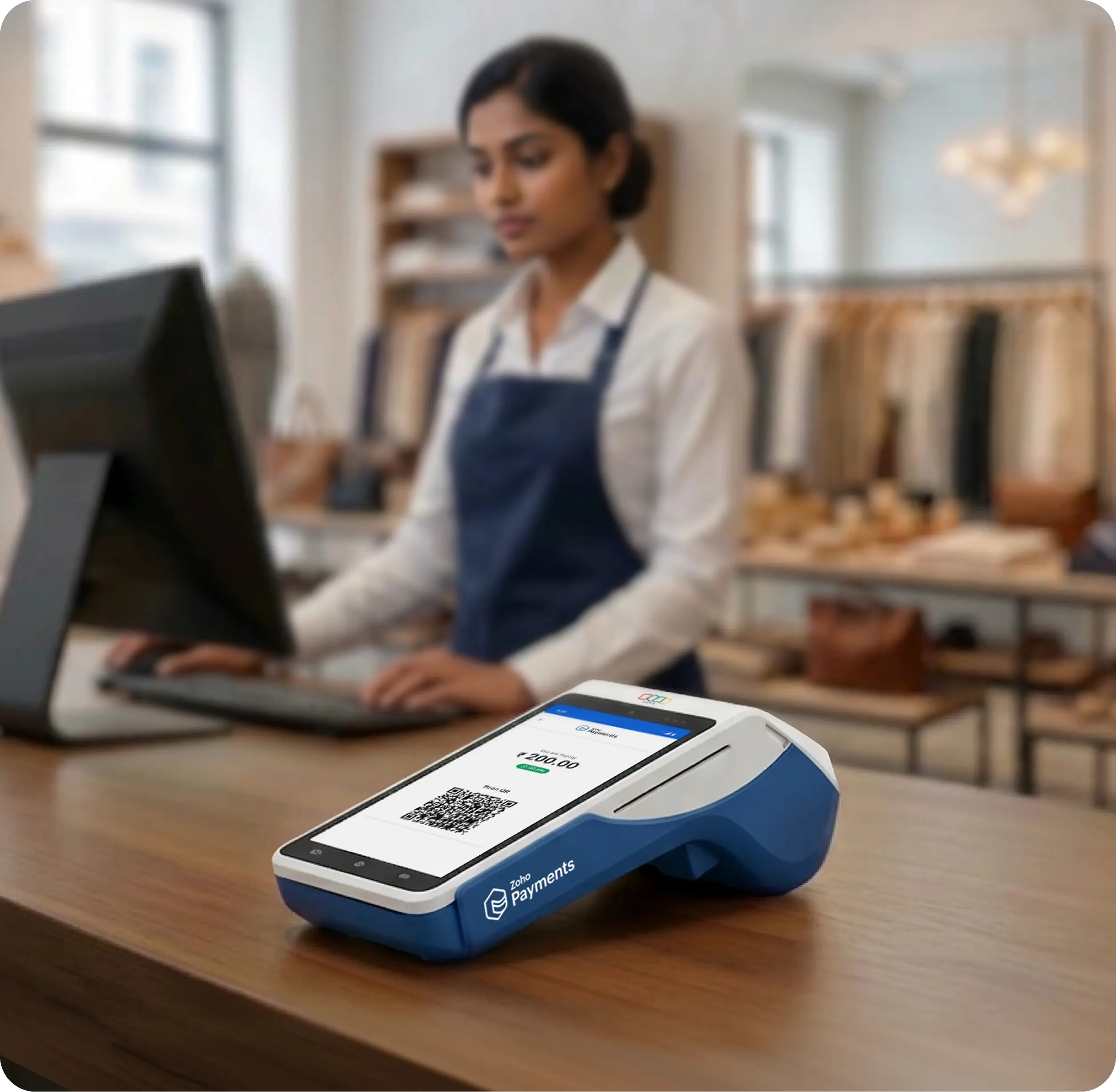 Zoho Payments POS Mini device on a retail counter displaying a UPI payment of ₹200, with a shopkeeper working at a desktop computer in the background