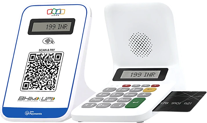 POS Mini countertop device displaying a UPI QR code with BHIM UPI, PhonePe, Google Pay, and Paytm support