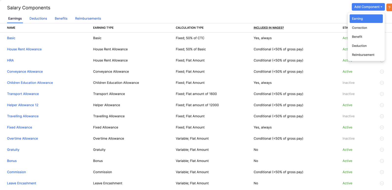 Add Component dropdown on Salary Components