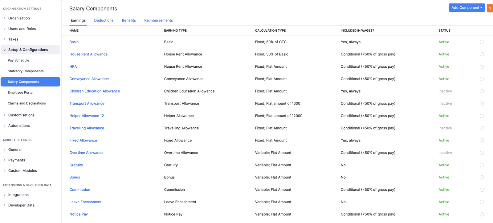 Earnings list with Included in Wages column