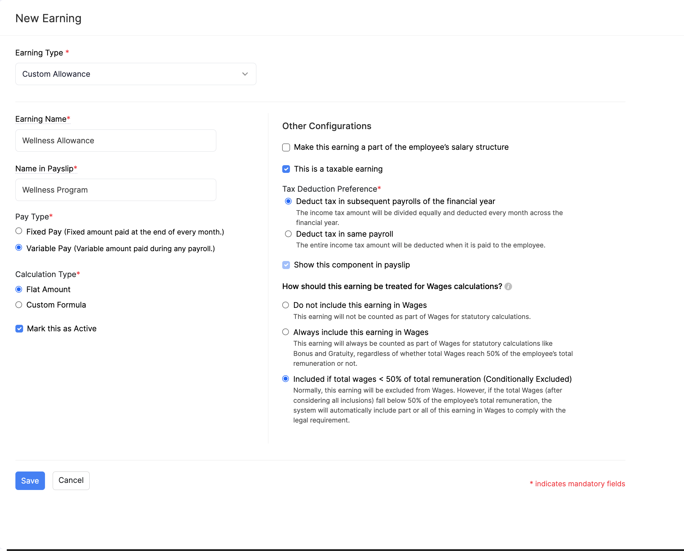 New variable earning with tax deduction preference and Wages options