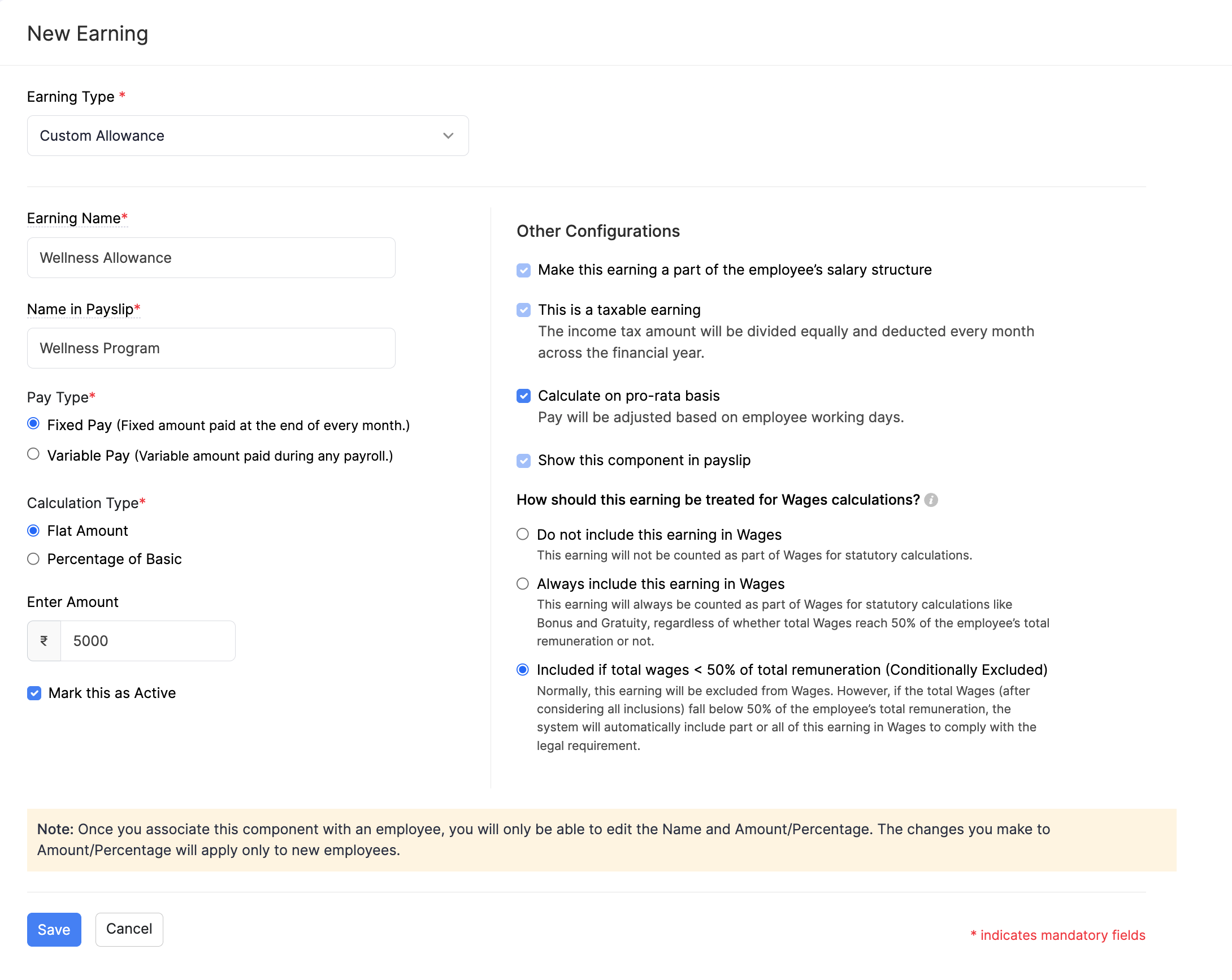 Earning configuration with Wages calculation options