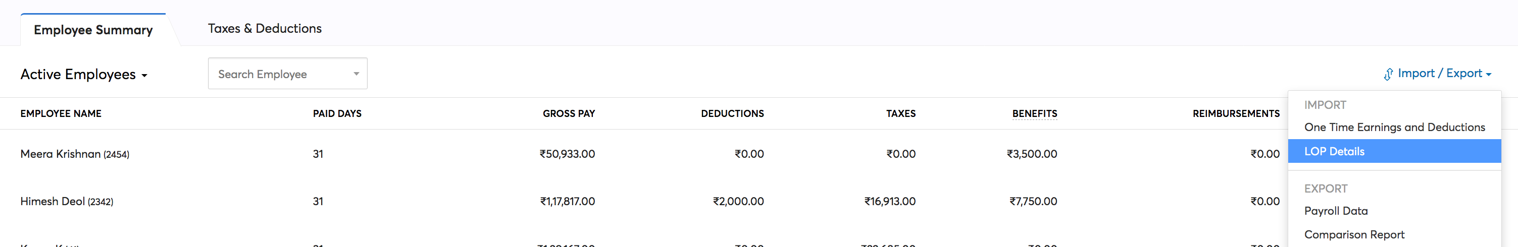 One-time Earnings and Deductions