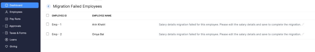 Migration Failed Employees list with the Edit icon next to each employee