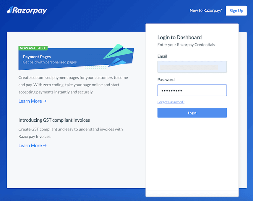 Razorpay login page