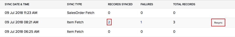 Sync history button in the sales
