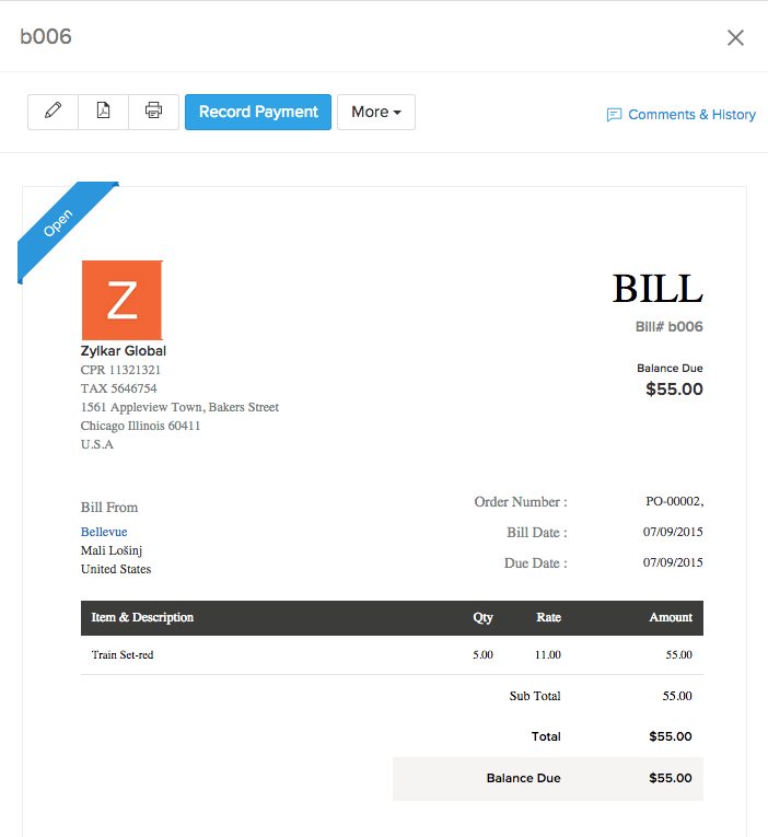 screen shot of a successful bill