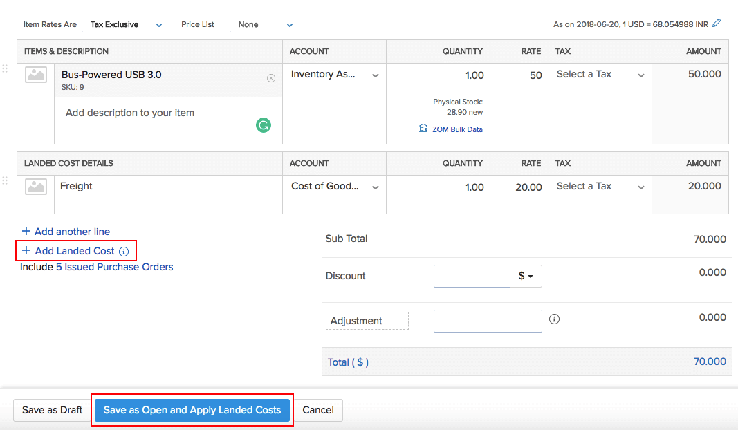 Adding landed cost to a bill in Zoho Inventory