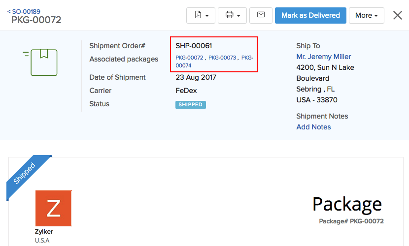 Image of the Package slip with shipped status