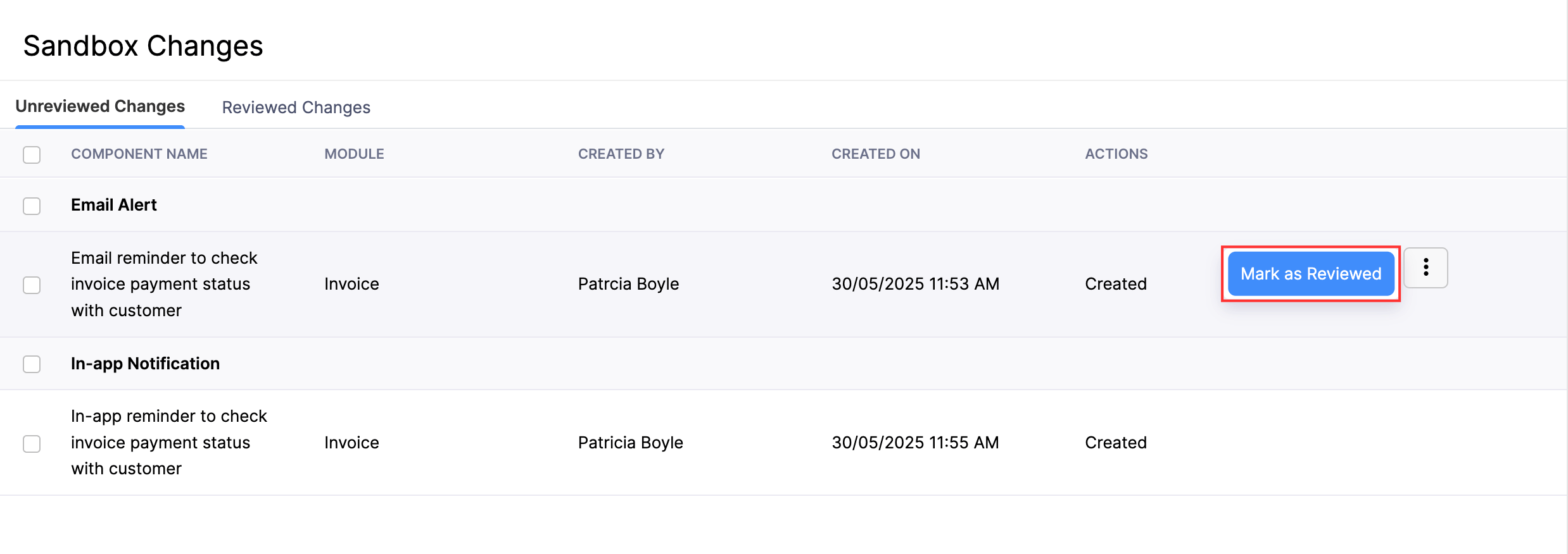 The Unreviewed Components tab. To mark a component as reviwed, hover over it, click the More button, and select Mark as Reviewed.