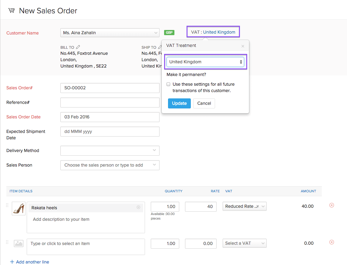 Options to configure VAT for a customer at the transaction level